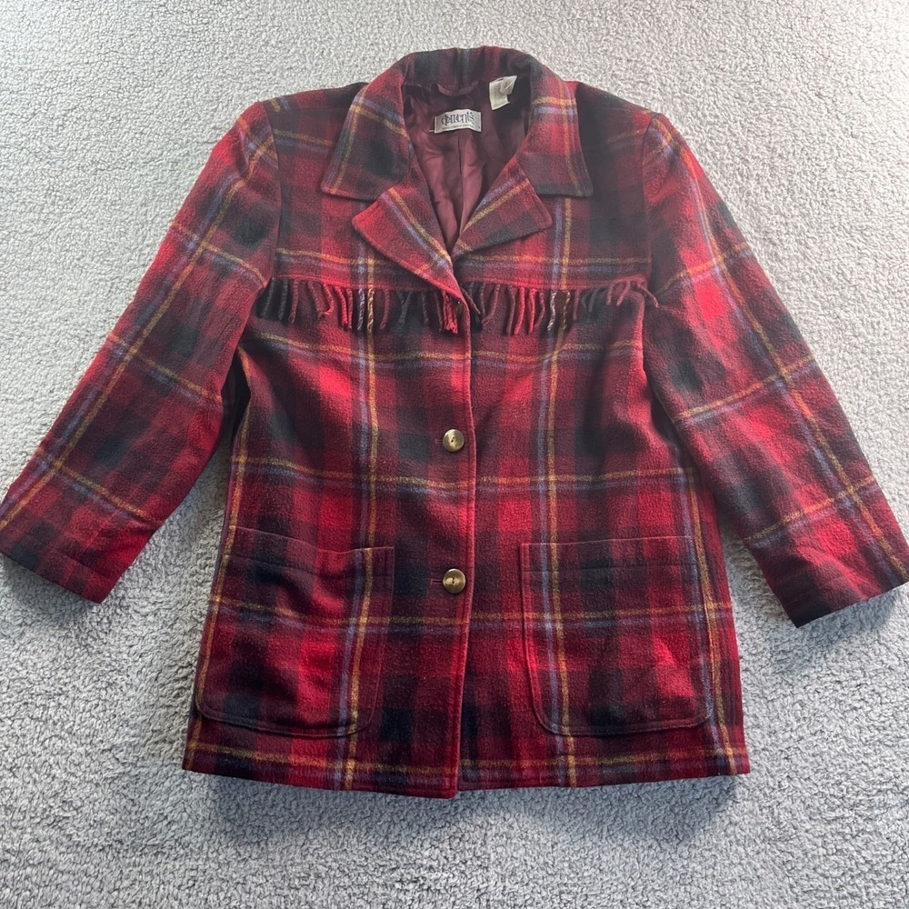 Vintage Shacket Shirt Size Medium Red Plaid Western Fringe Pockets 90s Y2K
